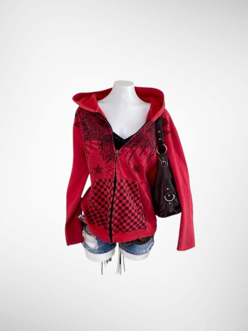 Darkstar Vintage Red Checkerboard Zip Up Hoodie | Y2K Goth Grunge